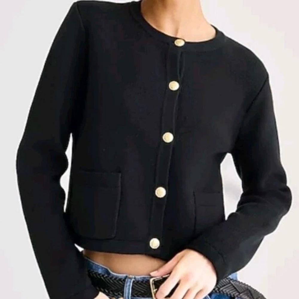 J.Crew Emilie Sweater Lady Jacket in Black Cotton Knit Cardigan Sz L